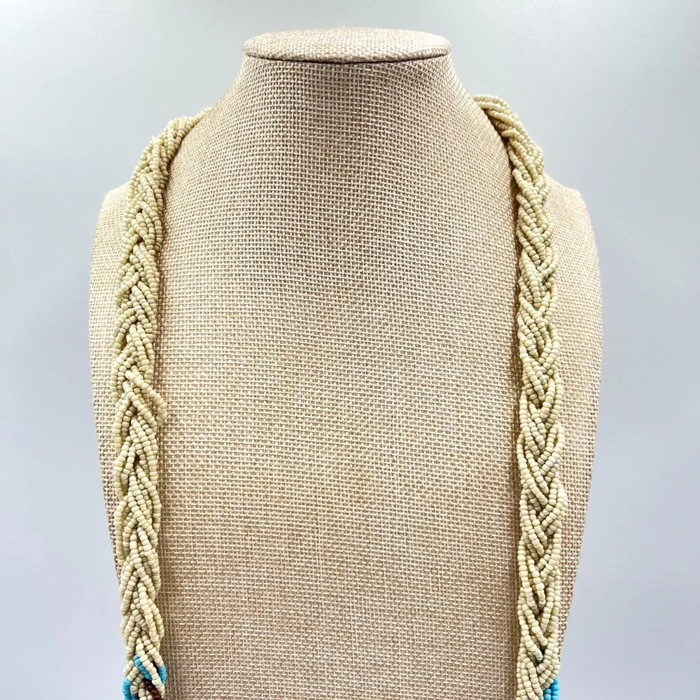 Vintage Multi-Strand Braided Seed Bead Necklace Cream Blue Brown Boho Retro - Picture 9 of 15